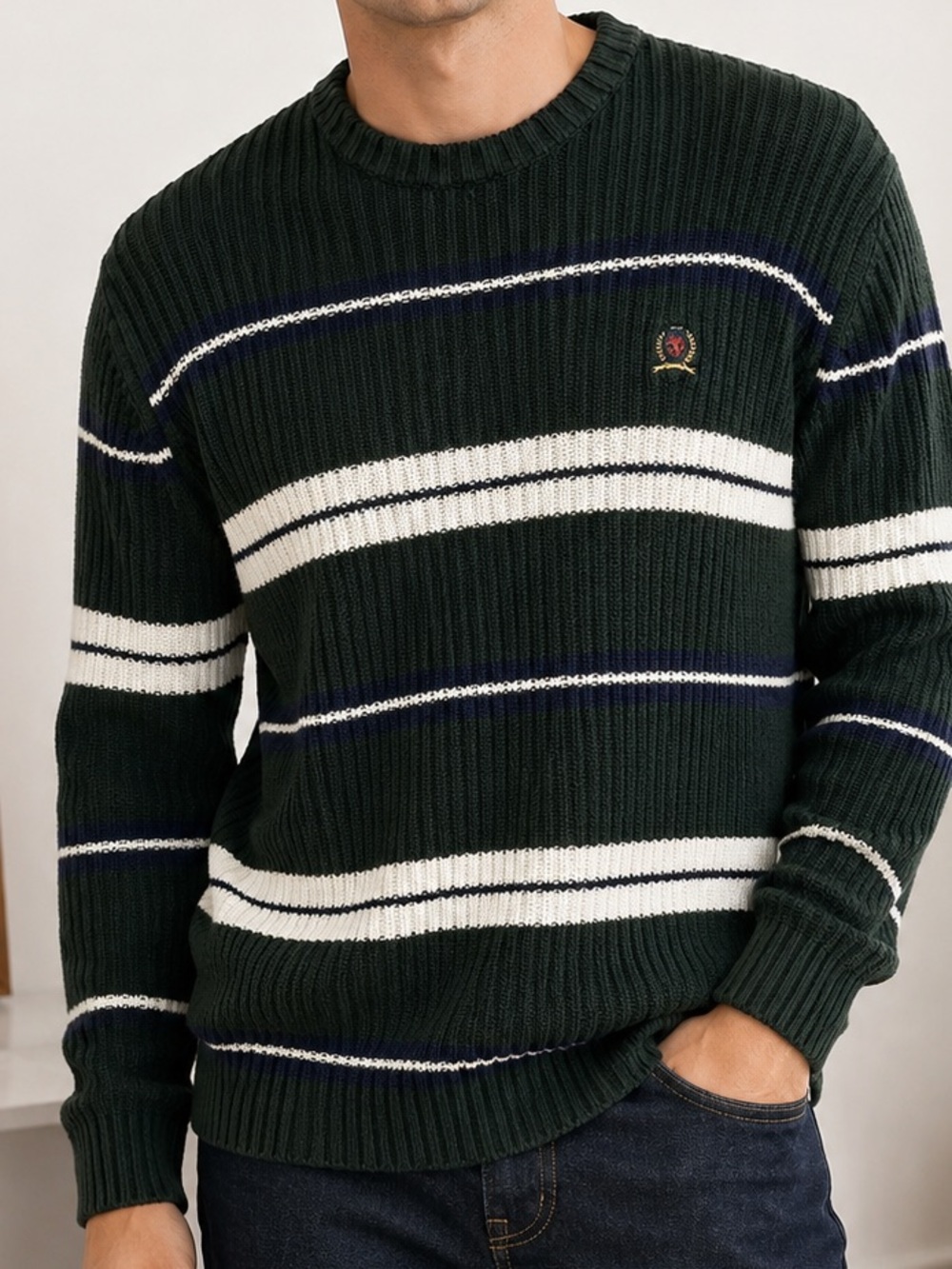Tommy Hilfiger Green Ribbed Striped Crewneck Sweater 100% Cotton